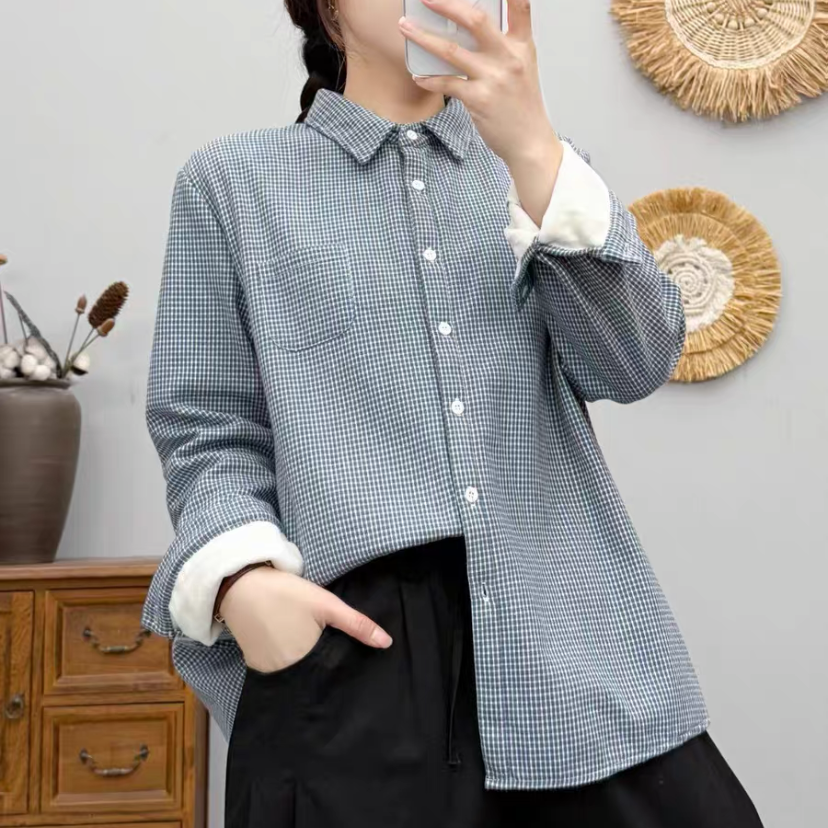 *冬コーデ*ブラウス*裏起毛*コットン*長袖*春秋コーデ*ファッション*チェック