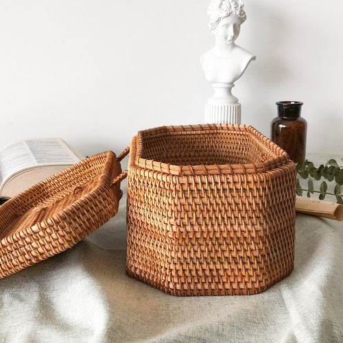 籐編み 八角形 茶籠 | 茶器収納ボックス 手提げ付き | 茶道具収納 茶葉