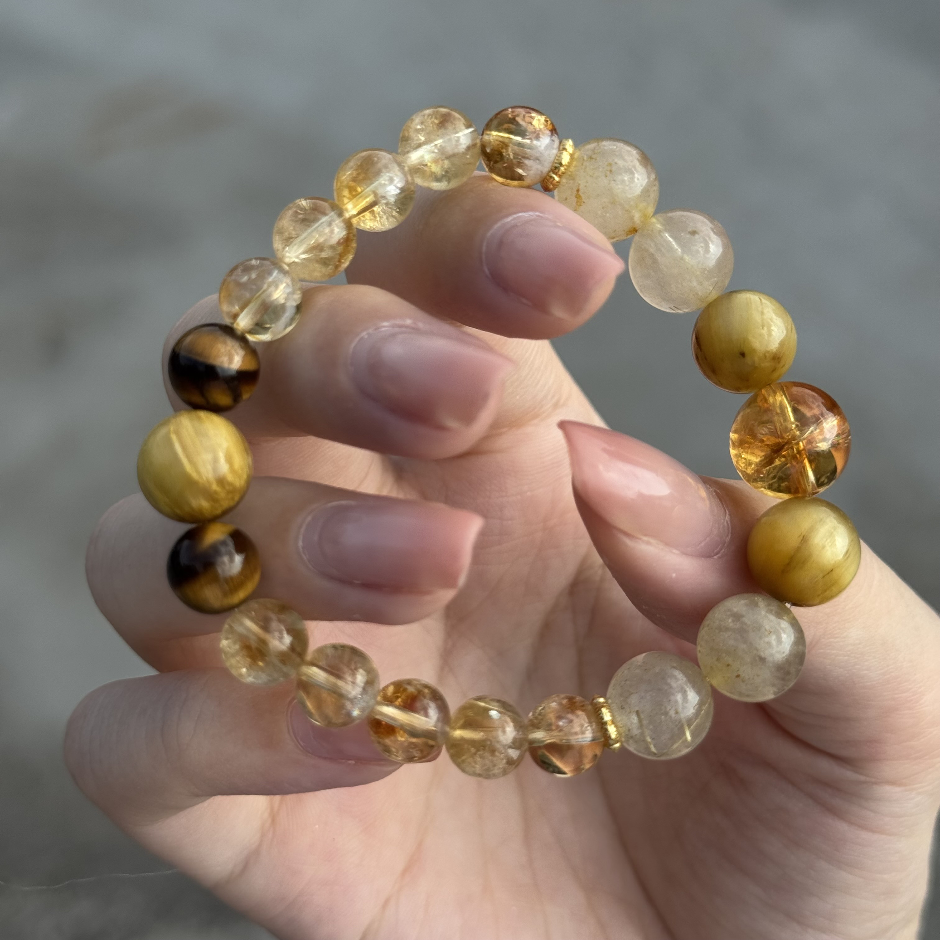 天然石ブレスレット｜黄塔晶×金虎眼×黄虎眼×金发晶｜手首サイズ調整可