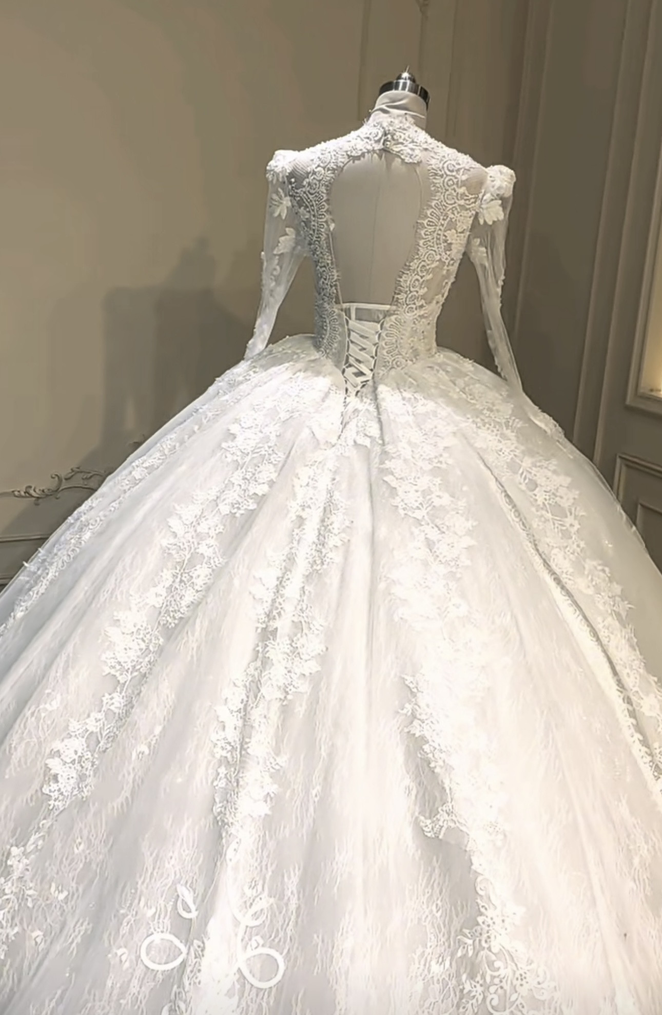 エレガント　純粋な美しさ　vネック　ベール付き　裾に優雅なレース付き　長袖　背中見せ　ふわふわチュール　白　前撮りお呼ば