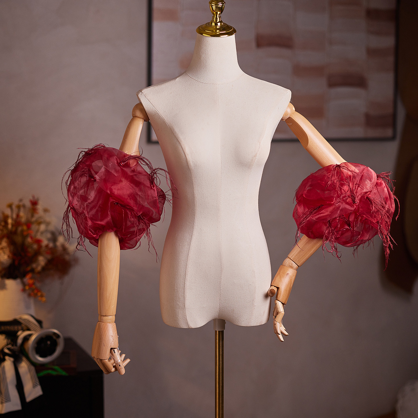 パフスリーブ 立体花 チュール 赤 綺麗 DIY 袖カバー 取り外し袖 アクセサリー ウェディングドレス DTY523