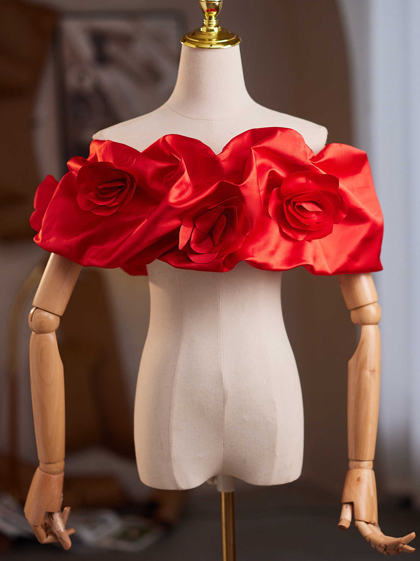 オフショルダー サテン 立体花 赤 綺麗 DIY肩飾り ドレスアクセサリー パーティー ウェディングドレス DTY516