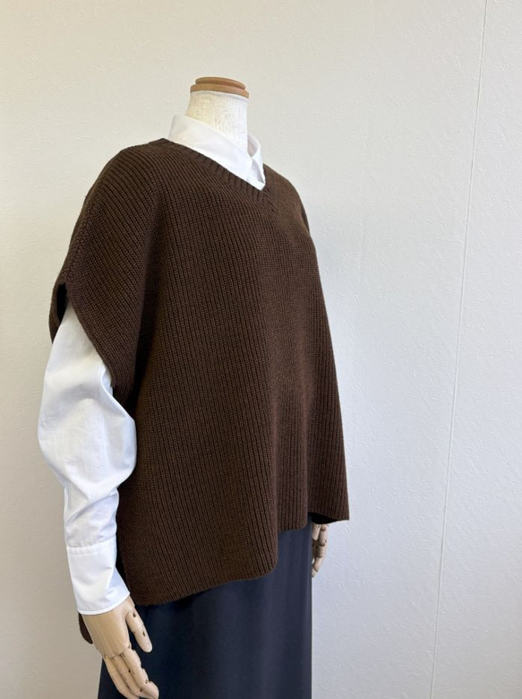 ★新色★　重ね着コーデ　片畦オーバーサイズ　ニットベスト　【ダークブラウン杢】 1枚目の画像