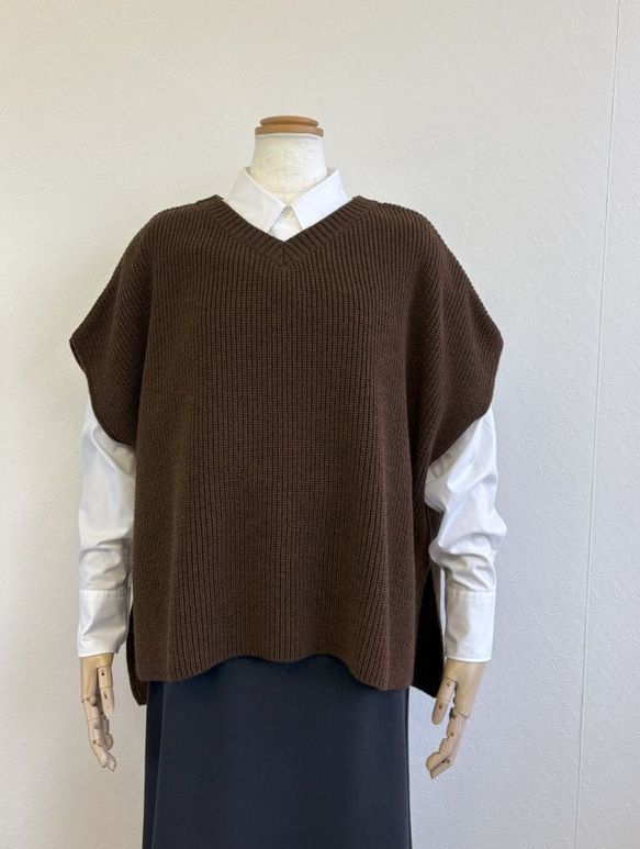 ★新色★　重ね着コーデ　片畦オーバーサイズ　ニットベスト　【ダークブラウン杢】 2枚目の画像