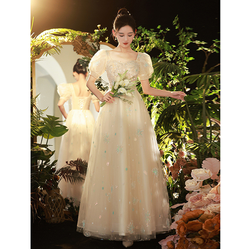 シャンパン色 パフスリーブ ロング カラードレス プリンセス ウェディング パーティー 演奏会 二次会 HL181