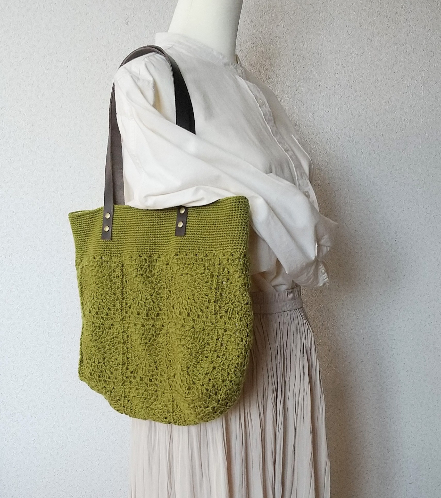 かぎ針編みモチーフのトートバッグ＊抹茶＊