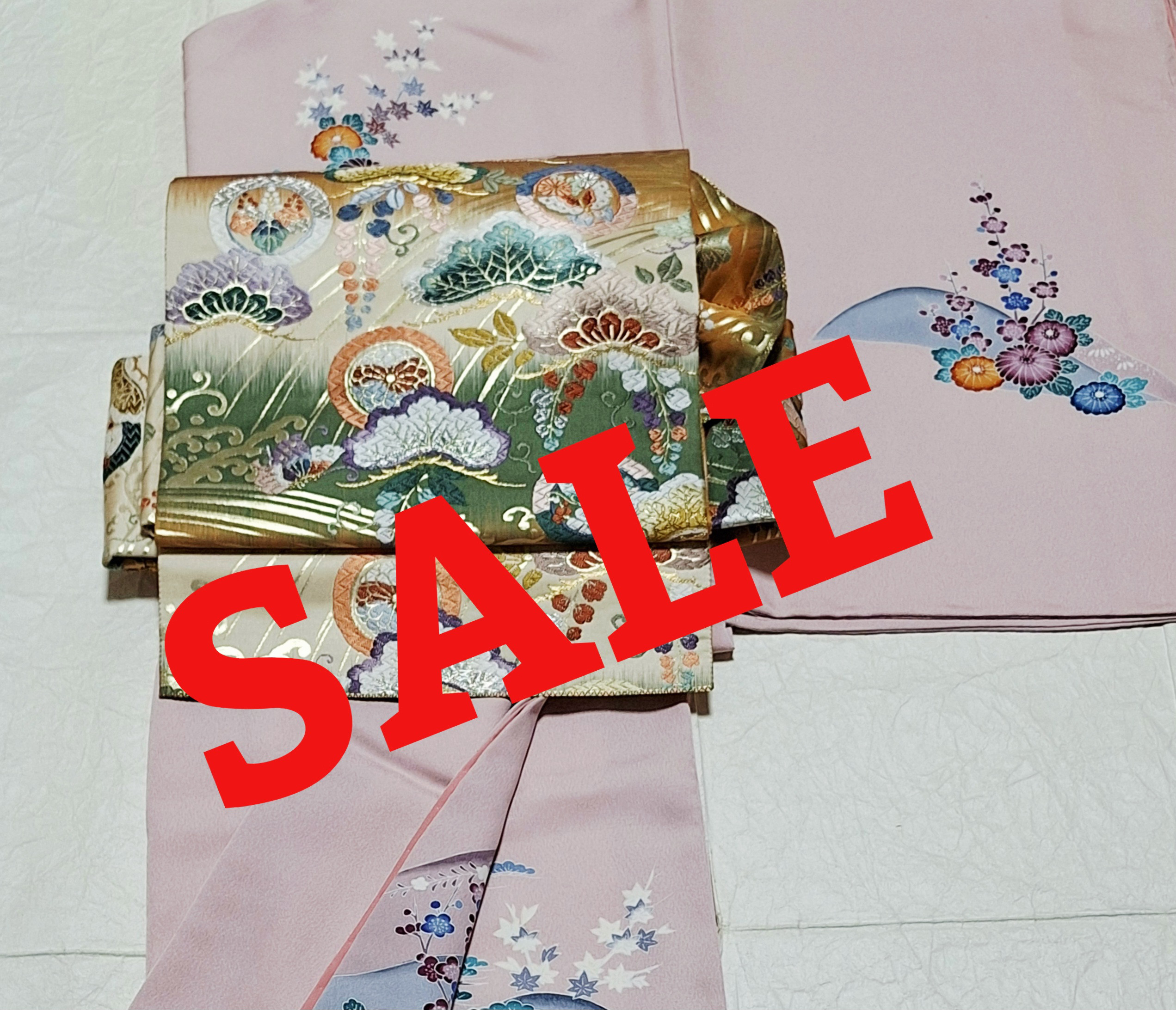 5,000円引き！ワンタッチ帯　くらわん帯　正絹袋帯リメイク　松蝶桐藤波文様　作り帯　簡単帯