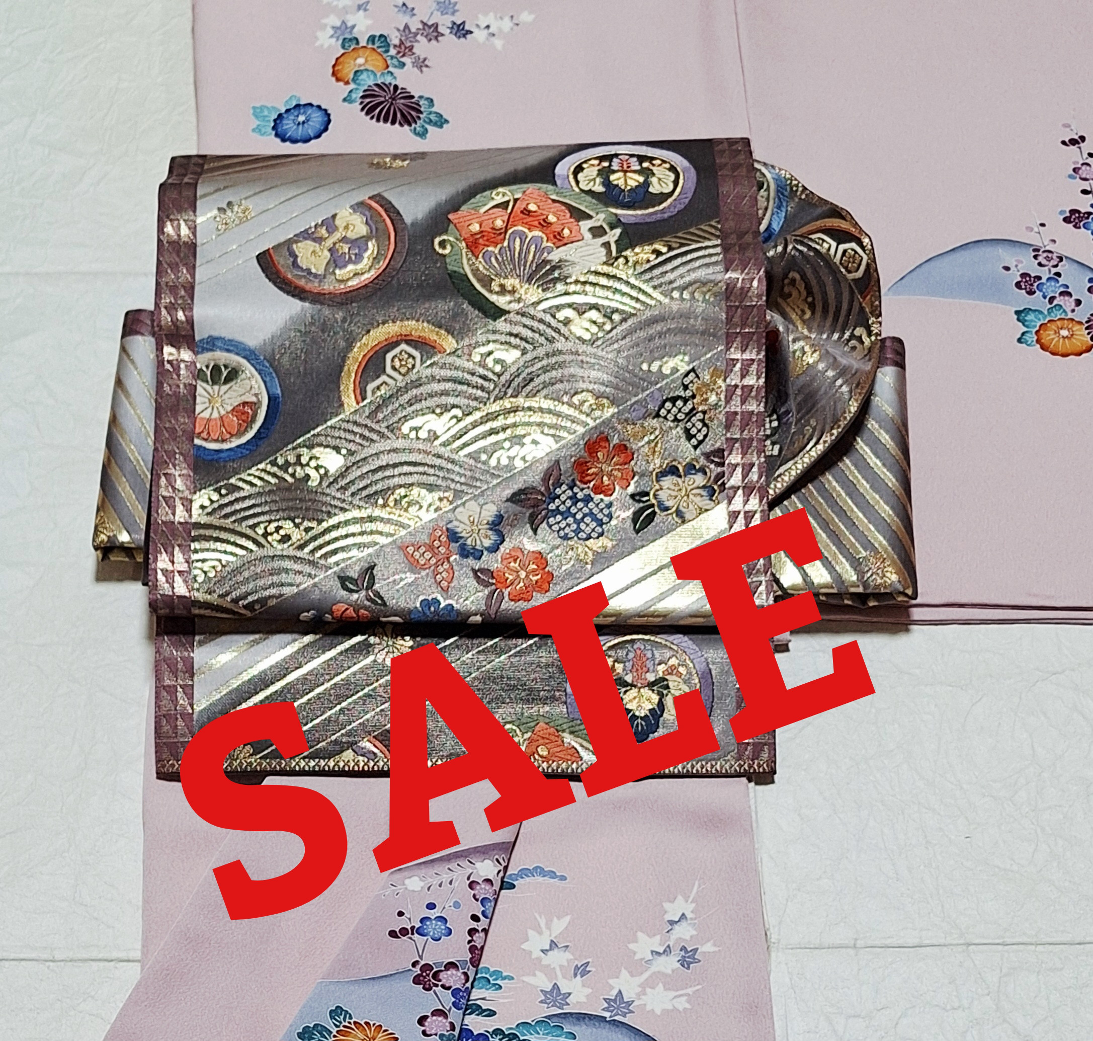 5,000円引き！ワンタッチ帯　くらわん帯　正絹袋帯リメイク　くすみ赤紫波蝶桐花丸文様　作り帯