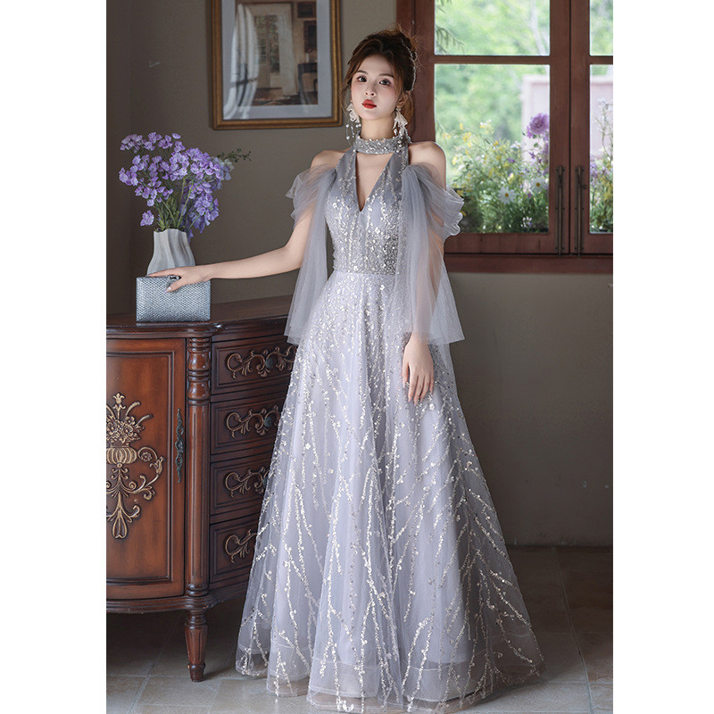 薄グレー Vネック きらきら ロング カラードレス 上品 高級感 ウェディング パーティー 演奏会 二次会 HL188