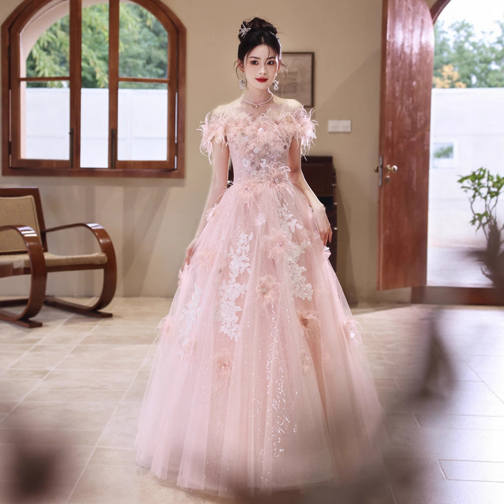 ピンク オフショルダー 立体花 ロング カラードレス 上品 綺麗 ウェディング パーティー 演奏会 二次会 HL190