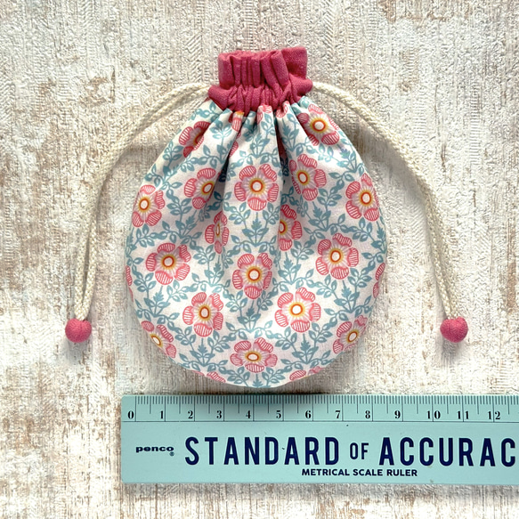 【S】内袋が２部屋に分かれていて便利♪『LIBERTY＆ハーフリネンの巾着袋』ロイヤルローズ（ピンク） 2枚目の画像