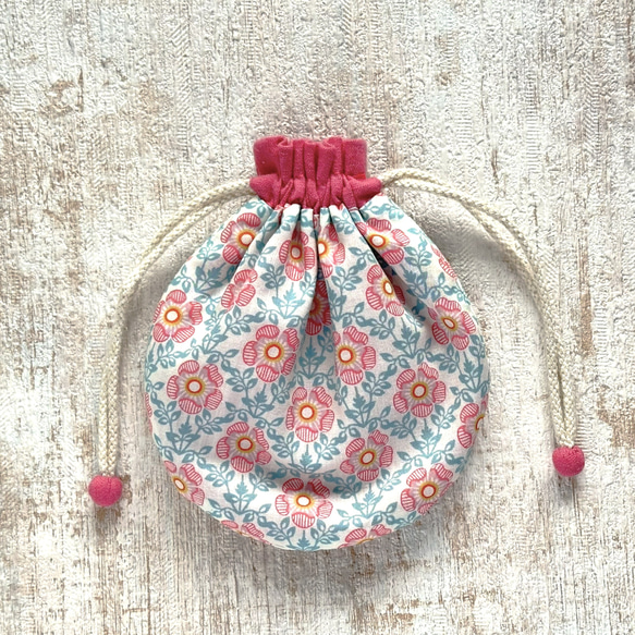 【S】内袋が２部屋に分かれていて便利♪『LIBERTY＆ハーフリネンの巾着袋』ロイヤルローズ（ピンク） 5枚目の画像