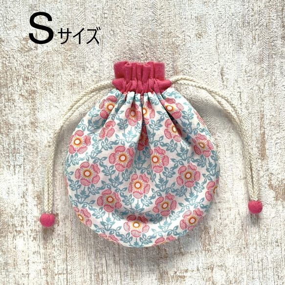 【S】内袋が２部屋に分かれていて便利♪『LIBERTY＆ハーフリネンの巾着袋』ロイヤルローズ（ピンク） 1枚目の画像