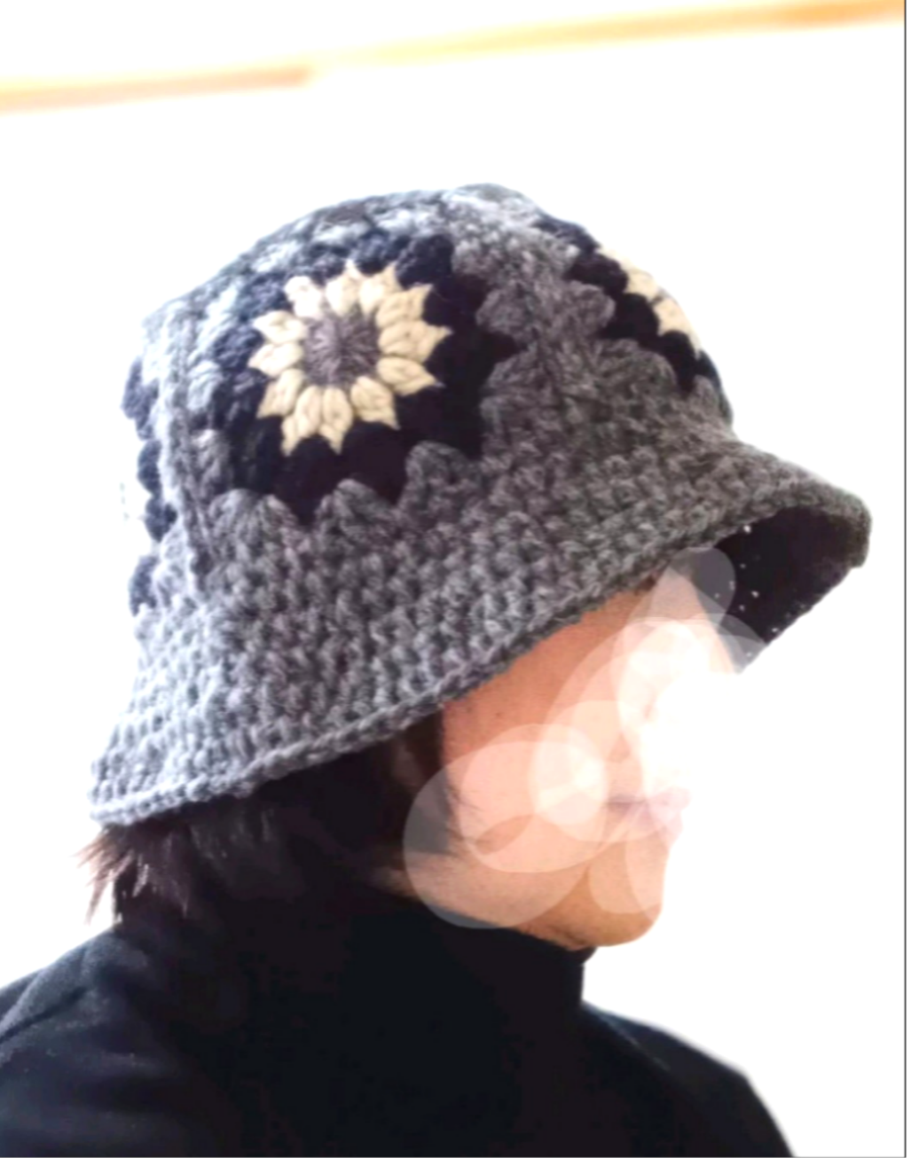 グラニーモチーフ毛糸ハット/クロシェハット/グレー