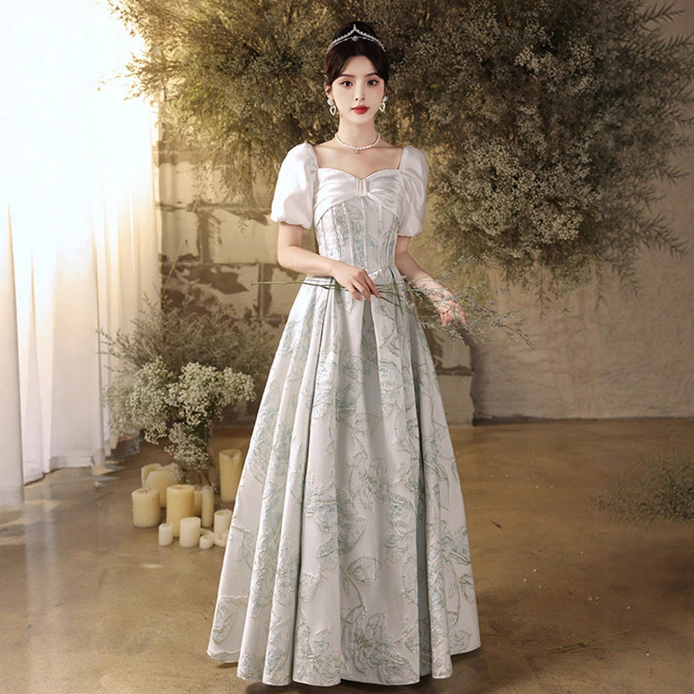 薄緑 パフスリーブ ロング カラードレス プリンセス 綺麗 高級感 ウェディング パーティー 演奏会 二次会 HL194