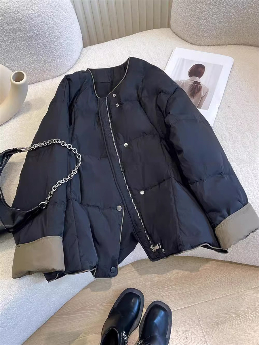 韓版軽薄で高級感があります街を揚げます黒い無領の綿の服の外套女性秋冬のゆったりしたカジュアルな百合のジャケットの綿の衣