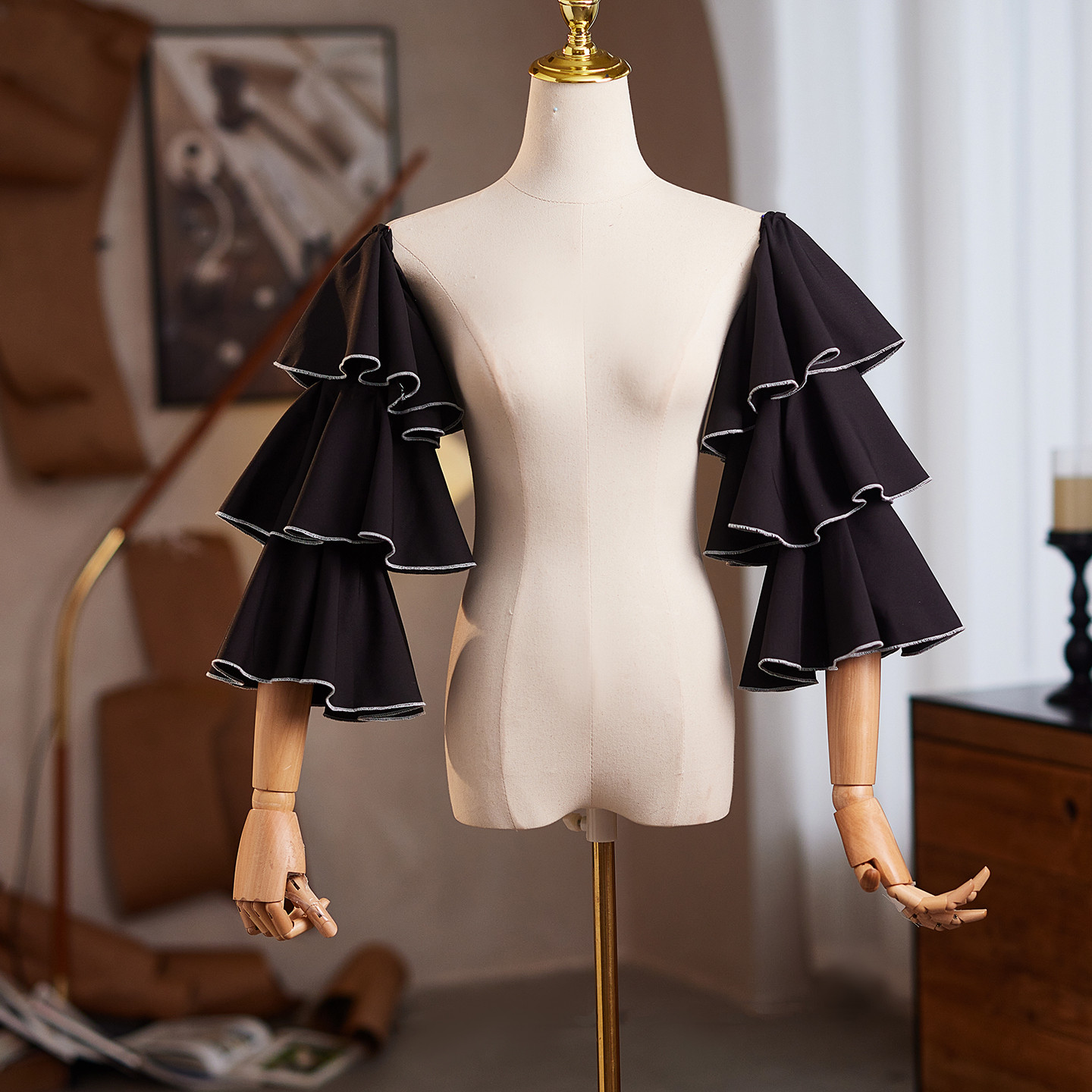 パフスリーブ 黒 高級感 長袖 肩飾り DIY 袖カバー 取り外し袖 アクセサリー ウェディングドレス DTY517