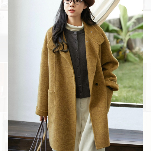 2色 スタントカラー ミドル丈ウールコート ゆったり目【冬春秋】グレー