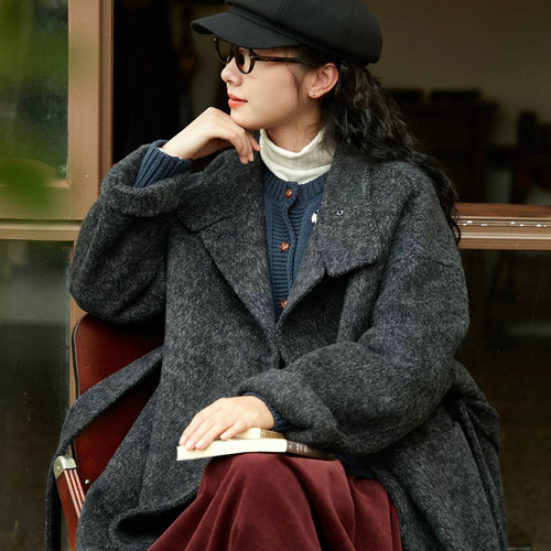 極美品✨45R ウール縮絨コート ノーカラー 金ボタン ダブル ベルト Aライン ゴールドボタンAラインミドルコート（ステンカラーコート）｜LAUIR