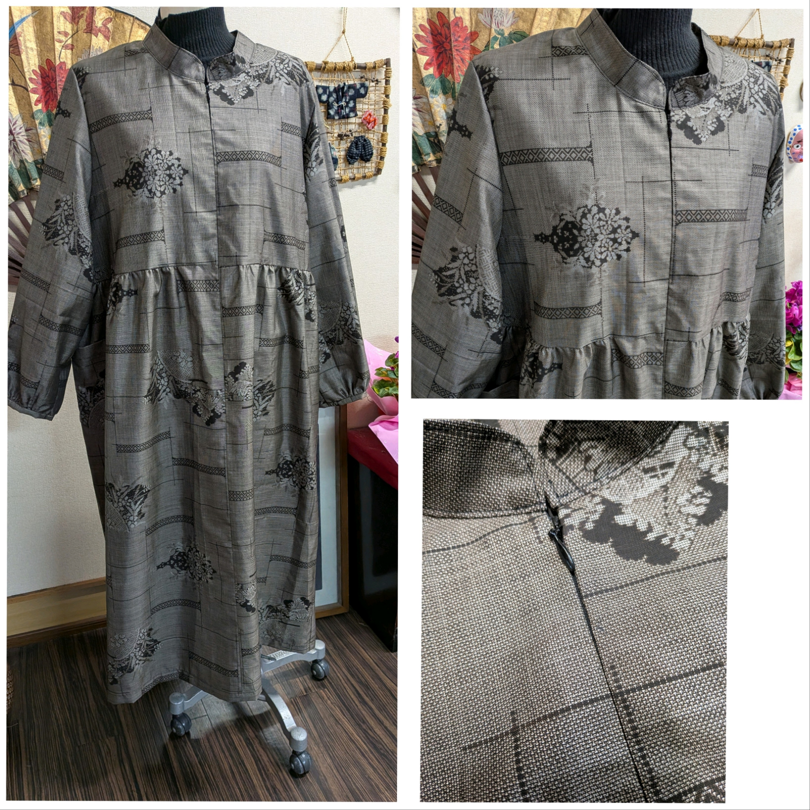 大島袖のワンピース（ハーフジップ）　　着物リメイク