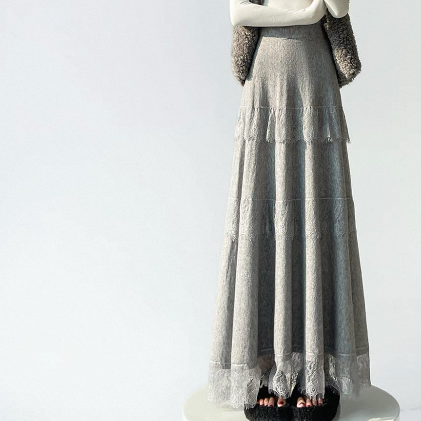 4色、レーススカート、ニットスカート、 ロングスカート、秋冬スカート、個性的、厚手、防寒対策、受注制作