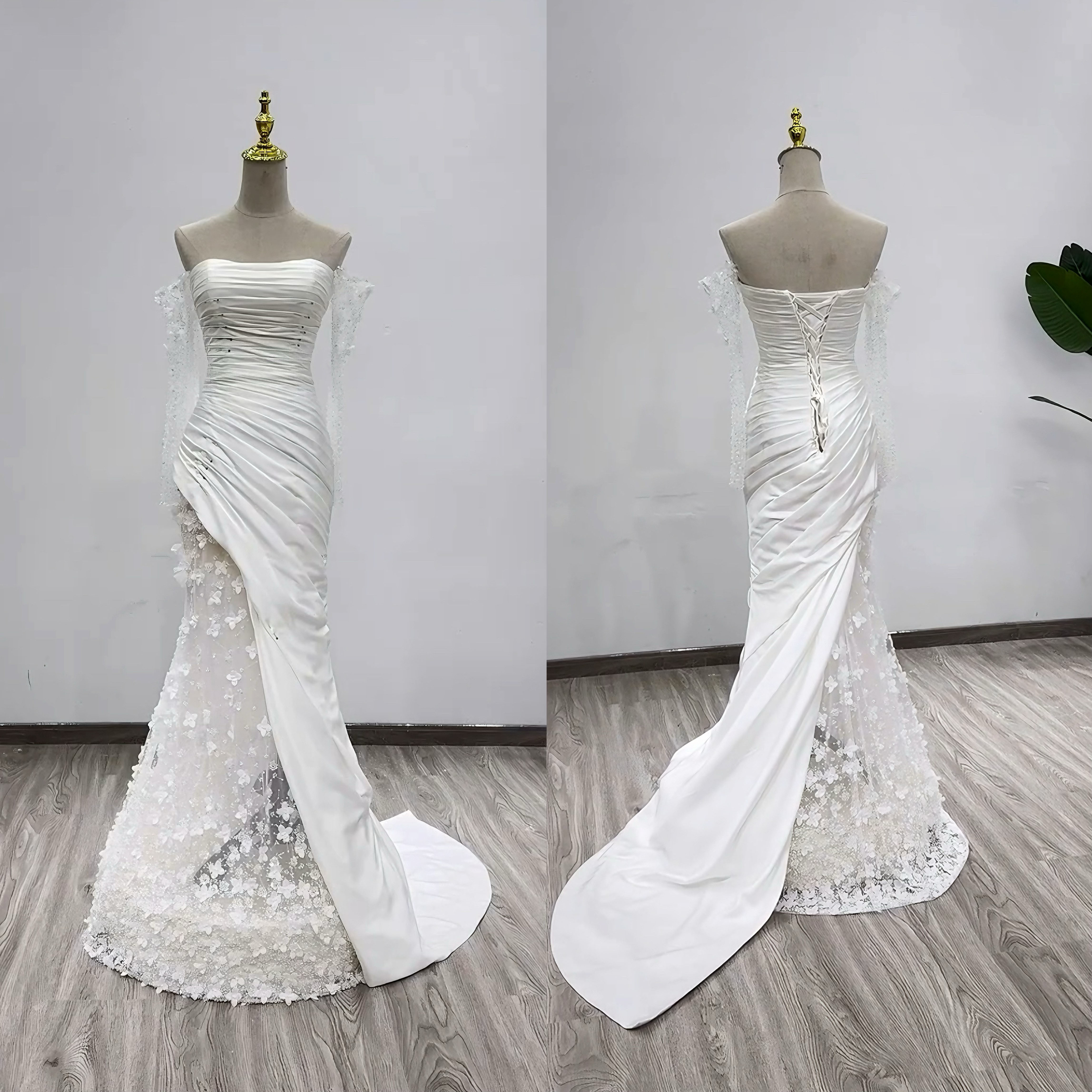 WEB限定！アシメドレス　オフショルダー　透け袖　編み上げ　白　新作ギャザー　フリル　目立つ　美しいレース　アンティーク