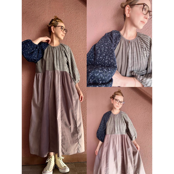 RATA❤️長さ選べる❣️大人のパッチワークワンピース❤️ゆったり身幅❤️フラワー×スモーキーストライプ×コーデュロイ 13枚目の画像