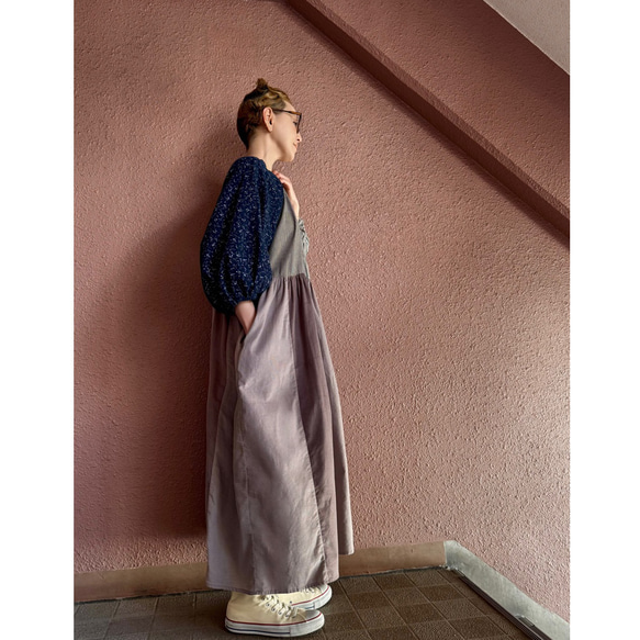 RATA❤️長さ選べる❣️大人のパッチワークワンピース❤️ゆったり身幅❤️フラワー×スモーキーストライプ×コーデュロイ 18枚目の画像