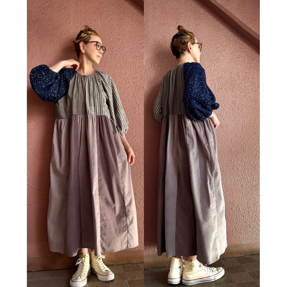 RATA❤️長さ選べる❣️大人のパッチワークワンピース❤️ゆったり身幅❤️フラワー×スモーキーストライプ×コーデュロイ 8枚目の画像