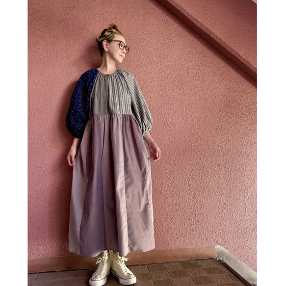 RATA❤️長さ選べる❣️大人のパッチワークワンピース❤️ゆったり身幅❤️フラワー×スモーキーストライプ×コーデュロイ 15枚目の画像