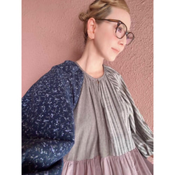 RATA❤️長さ選べる❣️大人のパッチワークワンピース❤️ゆったり身幅❤️フラワー×スモーキーストライプ×コーデュロイ 9枚目の画像