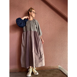 RATA❤️長さ選べる❣️大人のパッチワークワンピース❤️ゆったり身幅❤️フラワー×スモーキーストライプ×コーデュロイ 3枚目の画像