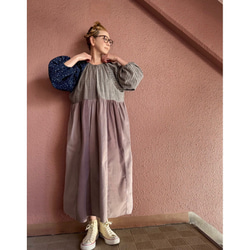 RATA❤️長さ選べる❣️大人のパッチワークワンピース❤️ゆったり身幅❤️フラワー×スモーキーストライプ×コーデュロイ 12枚目の画像