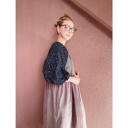 RATA❤️長さ選べる❣️大人のパッチワークワンピース❤️ゆったり身幅❤️フラワー×スモーキーストライプ×コーデュロイ 6枚目の画像