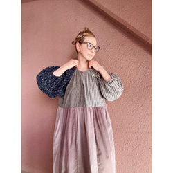 RATA❤️長さ選べる❣️大人のパッチワークワンピース❤️ゆったり身幅❤️フラワー×スモーキーストライプ×コーデュロイ 17枚目の画像