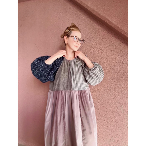 RATA❤️長さ選べる❣️大人のパッチワークワンピース❤️ゆったり身幅❤️フラワー×スモーキーストライプ×コーデュロイ 17枚目の画像