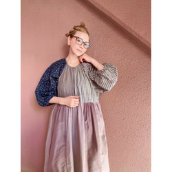 RATA❤️長さ選べる❣️大人のパッチワークワンピース❤️ゆったり身幅❤️フラワー×スモーキーストライプ×コーデュロイ 7枚目の画像