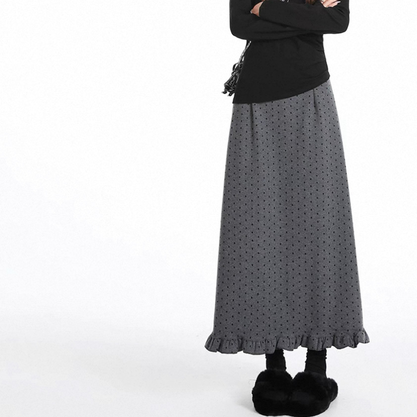 2色、ドットスカート、大人カジュアルスカート、 ロングスカート、秋冬スカート、個性的、厚手、防寒対策、受注制作