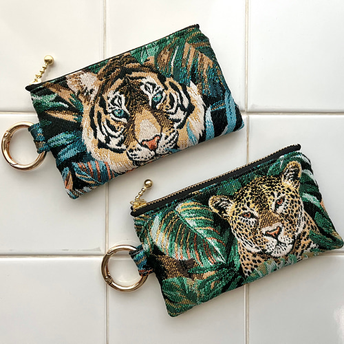 フランス生地のカラビナ付きポーチ SAFECO社ジャガード トラ柄 ヒョウ