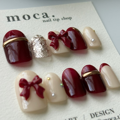 ボルドーリボンネイルチップ クリスマスネイル ネイルチップ（つけ爪