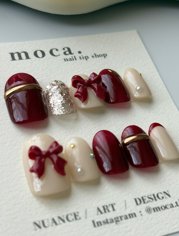 ボルドーリボンネイルチップ クリスマスネイル ネイルチップ（つけ爪