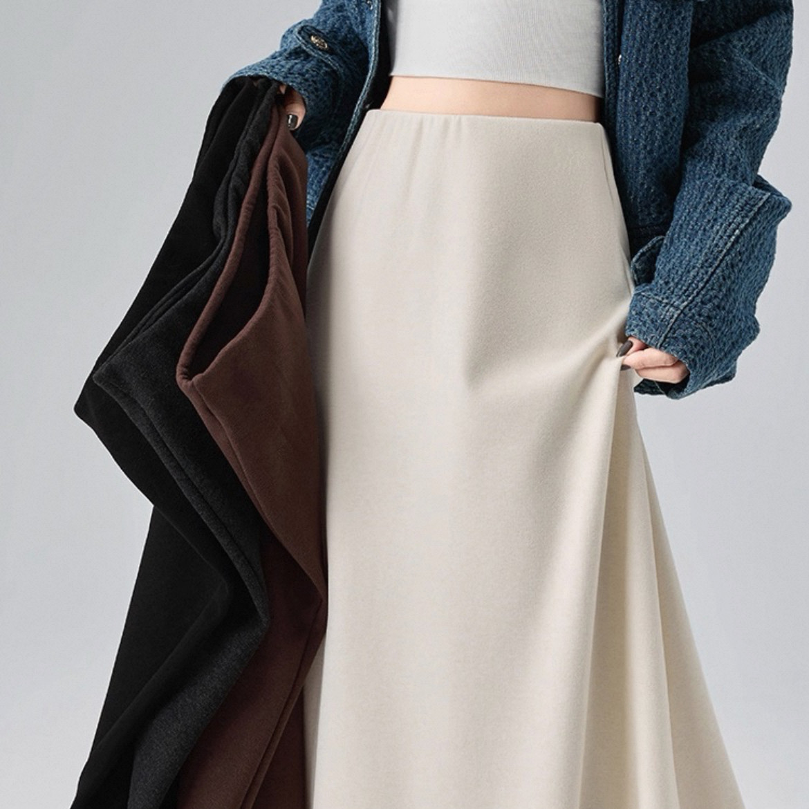 4色、秋冬スカート、無地スカート、大人カジュアルスカート、 ロングスカート、個性的、厚手、防寒対策、受注制作