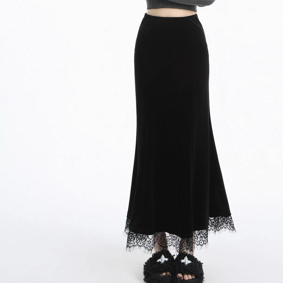 秋冬スカート、ブラック、無地スカート、大人カジュアルスカート、 ロングスカート、レース、個性的、厚手、防寒対策、受注制作
