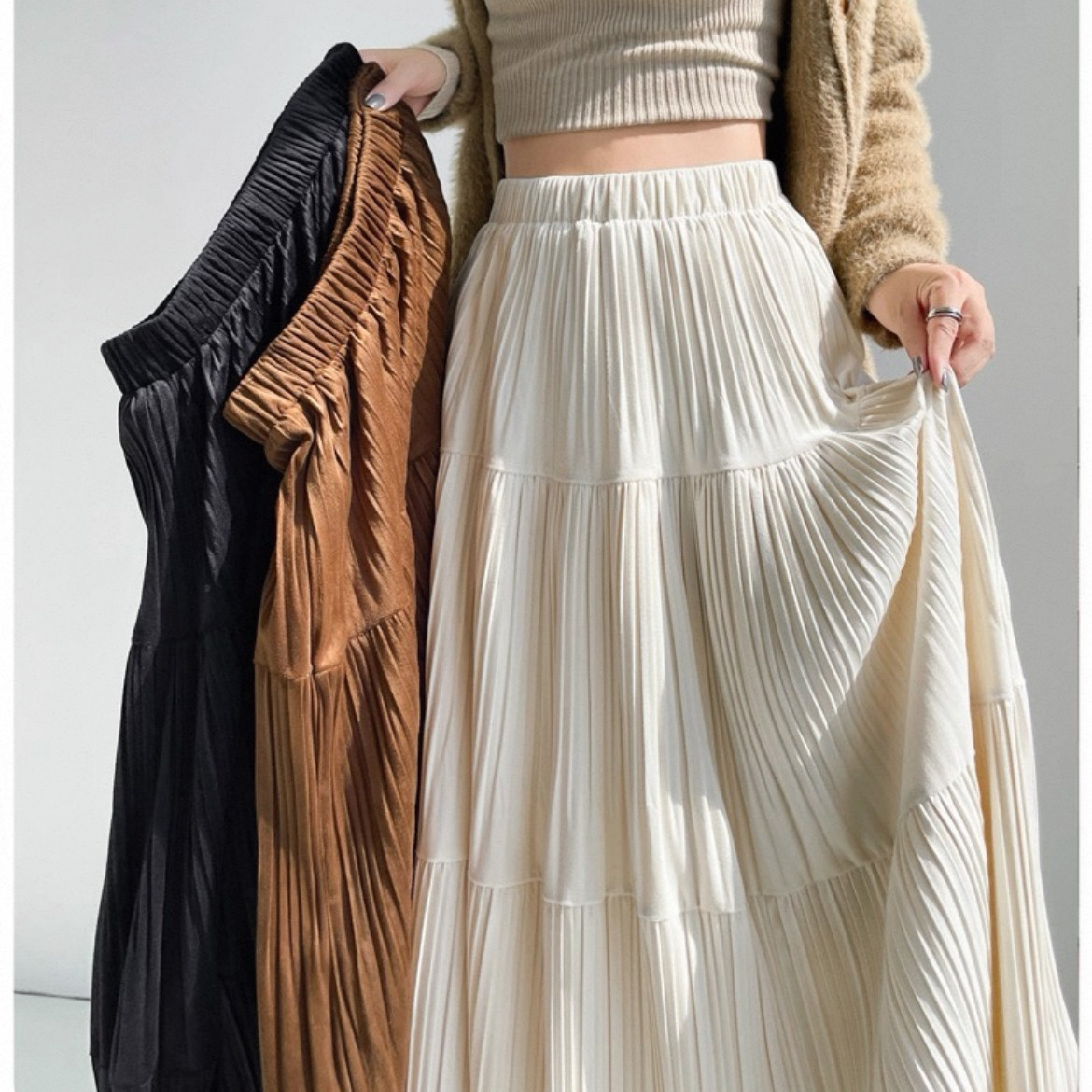 3色、秋冬スカート、無地スカート、大人カジュアルスカート、 ロングスカート、個性的、厚手、防寒対策、受注制作