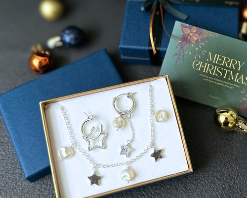 クリスマスコフレ 「星を拾いに行く夜」純銀の星と淡水パールのピアス