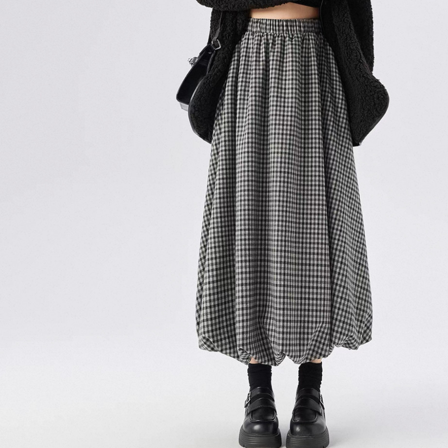 チェックスカート、ロングスカート、秋冬スカート、大人カジュアルスカート、個性的、厚手、防寒対策、受注制作
