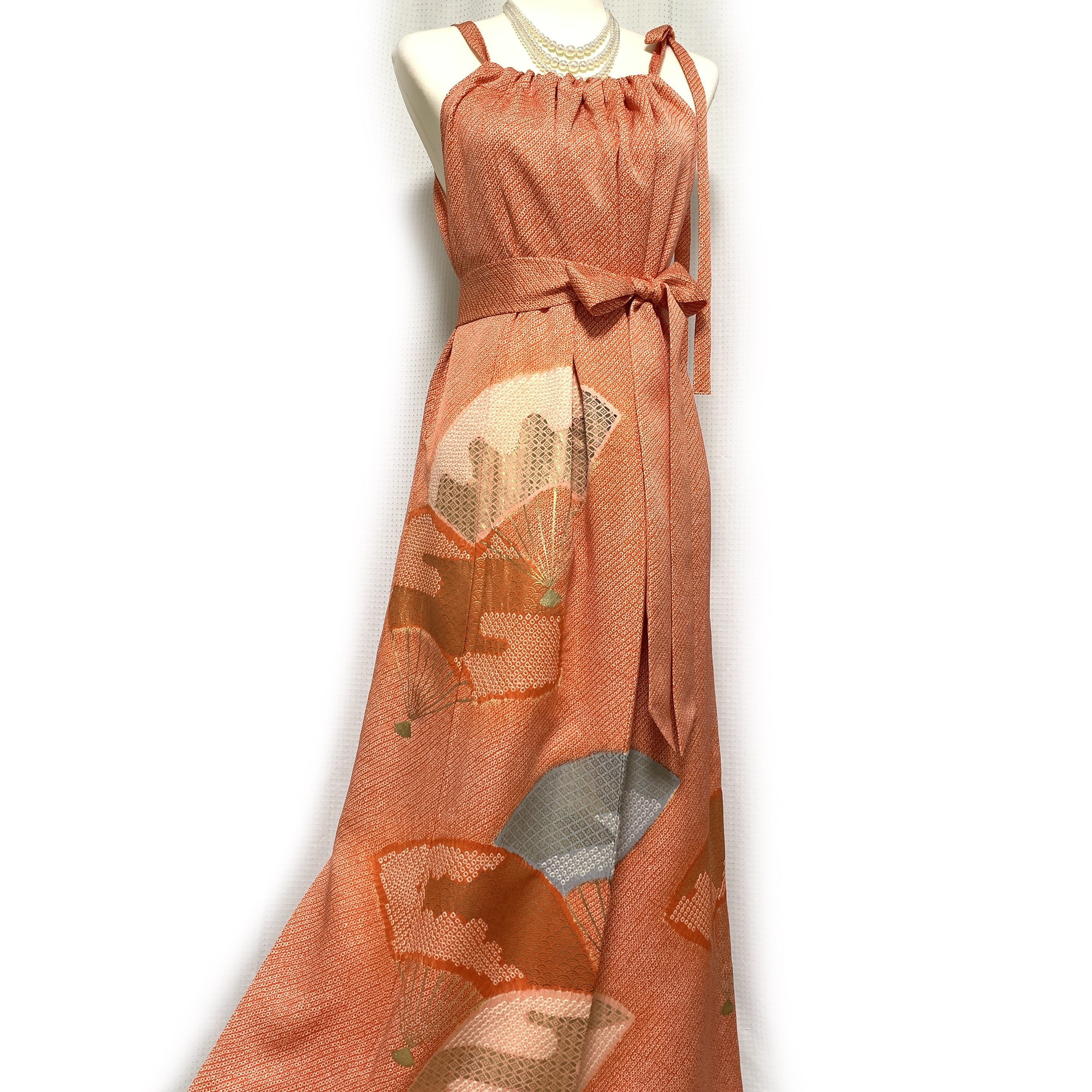 極上【正絹】着物リメイク 絞りと金彩の振袖ドレス／キャミワンピースタイプ／フォーマル／結婚式・成人式等に［354］