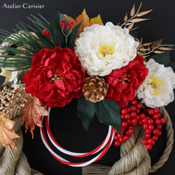 ・【特割】お正月飾り しめ縄＜紅白 牡丹＞雲流Ｌサイズ しめ飾り アーティフィシャルフラワー 2枚目の画像