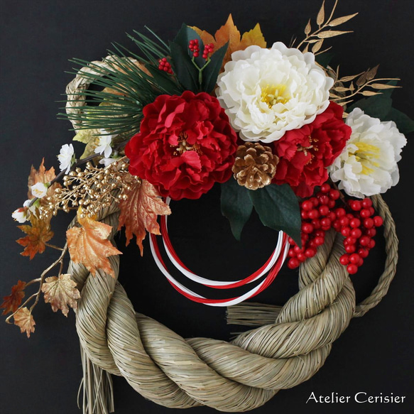 ・【特割】お正月飾り しめ縄＜紅白 牡丹＞雲流Ｌサイズ しめ飾り アーティフィシャルフラワー 3枚目の画像