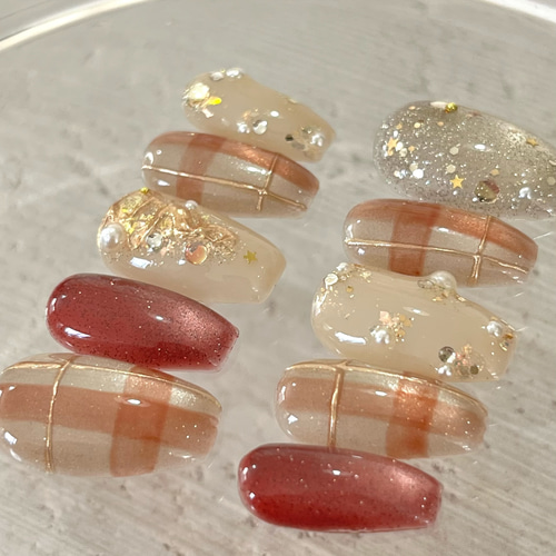 星降る聖夜のクリスマスチェック｜ネイルチップ｜うるうる｜ちゅるん